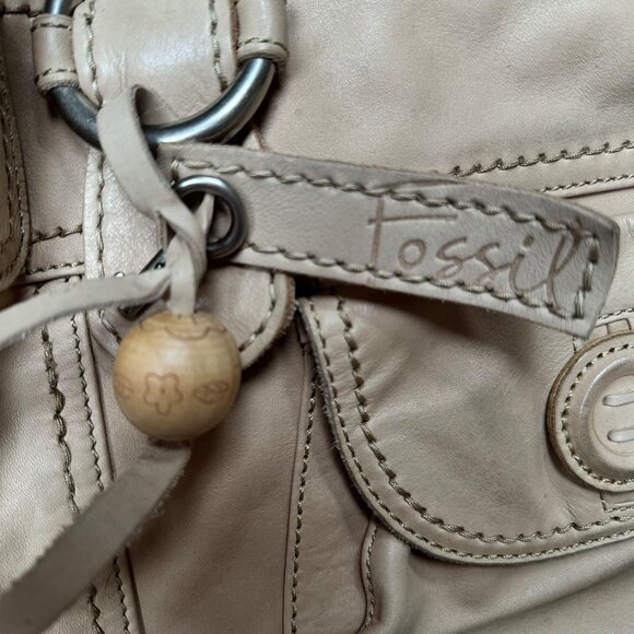 Fossil Leather Handbag Beige Braided Handles Hobo Retro Y2K With Floral Lining. - Picture 2 of 11